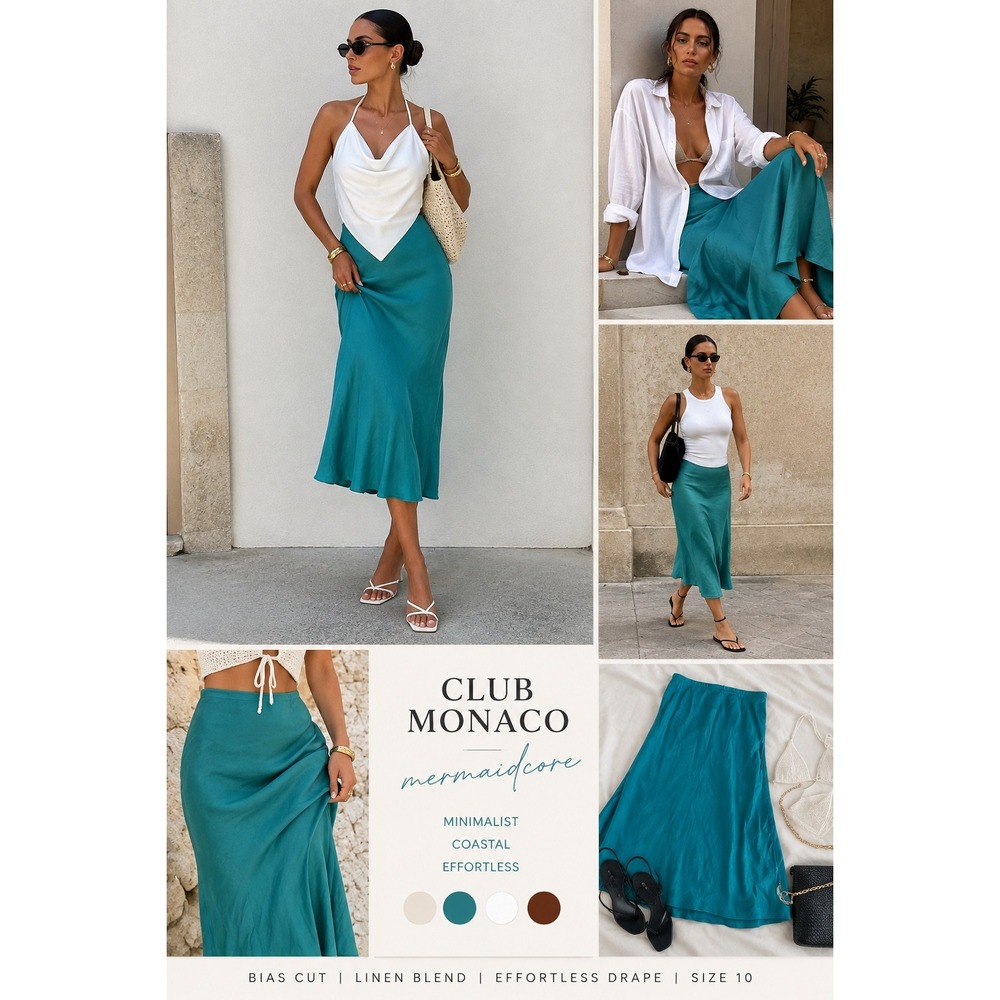 Club Monaco Teal Blue Bias Midi Skirt Mermaidcore Dopamine Linen Blend 10